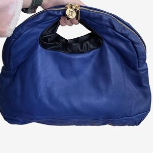 Navy Blue Hobo Leather Bag with Gold Accents and Crescent Shape